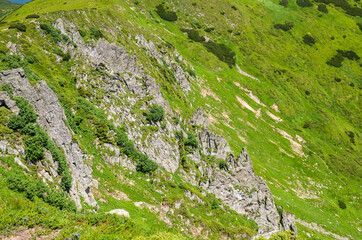 Fototapeta na wymiar Sharp rocks with big rocky boulders on summer mountain slope of Spitz (Spytsi) mountain. Chornohora ridge, Carpathian mountains, Ukraine.