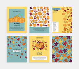 Collection of autumn sales and other typography flyer templates with text. Bright autumn leaves, berries and pumpkins. Poster, card, label, banner design set. Vector illustration