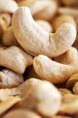Close up picture of dried cashew nuts, selective focus.
