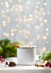 Christmas white cup with hot chocolate and marshmallows and red berries on with cinnamon sticks vertical photo