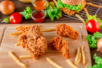 Fired chicken and chicken nuggets and spicy drumsticks on wooden background. Set of fired crispy chicken. Crispy fried chicken in  decoration with ingredient on  wooden table background