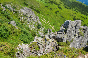 Sharp rocks with big rocky boulders on summer mountain slope of Spitz (Spytsi) mountain. Chornohora ridge, Carpathian mountains, Ukraine.