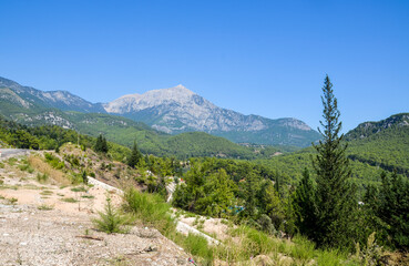 View to the peak of a mountain Tahtali Dagi (Mount Olympos) near Kemer, Lycia, Turkey