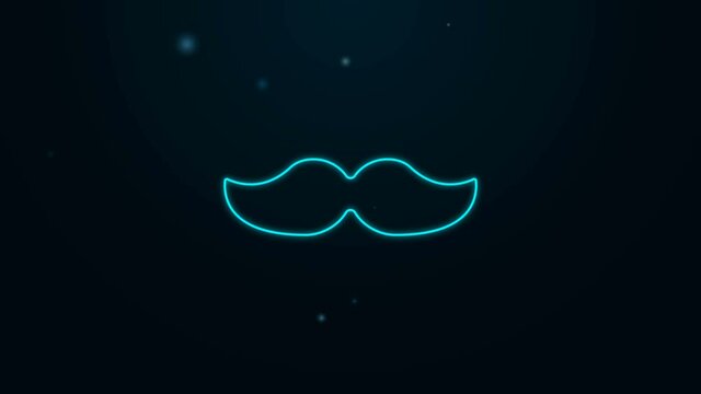 Glowing neon line Mustache icon isolated on black background. Barbershop symbol. Facial hair style. 4K Video motion graphic animation