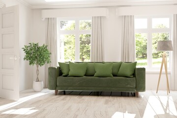 Idea of white room with sofa and summer landscape in window. Scandinavian interior design. 3D illustration