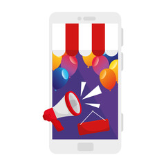 Balloons with megaphone and banner in smartphone design, Party celebration and entertainment theme Vector illustration