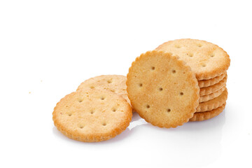 Dry cracker cookies isolated on white background. Saltines isolated. Top view, concept of food. Close-up. Full depth of fieldm.