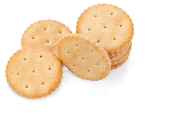Dry cracker cookies isolated on white background. Saltines isolated. Top view, concept of food. Close-up.