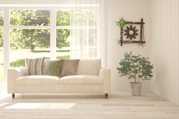 Idea of white room with sofa and summer landscape in window. Scandinavian interior design. 3D illustration