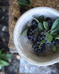food photography, berries of garden black rowan with leaves top view in a vintage metal bowl close up