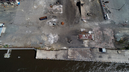 Aerial view of area in front of an old coal power plant