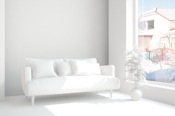White room with sofa and winter landscape in window. Scandinavian interior design. 3D illustration