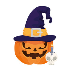 halloween pumpkin cartoon with hat and skull candle design, happy holiday and scary theme Vector illustration