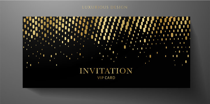 Gold and black premium VIP Invite card template. Deluxe golden pattern (circular dots) on black background. Rich design useful for invitation event, luxury gift certificate, exclusive voucher