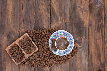 hot turkish coffee on wooden table