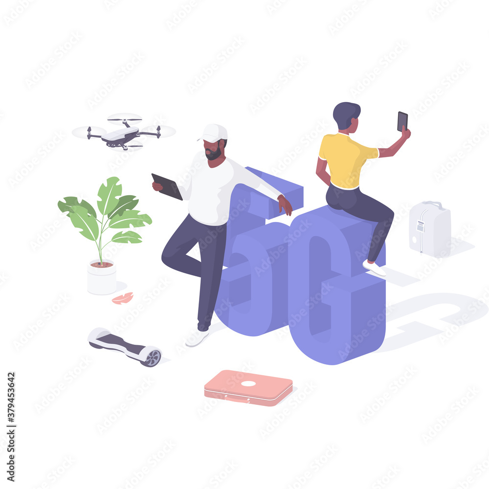 Poster people experiencing highspeed 5g realistic isometric. man with tablet checks connection quadcopter.