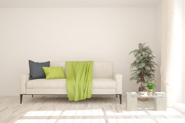 Idea of white minimalist room with sofa. Scandinavian interior design. 3D illustration