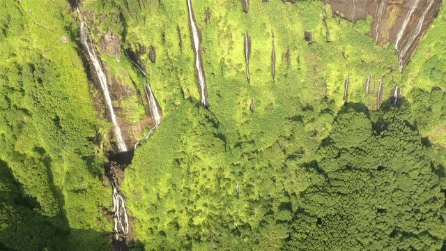 Waterfalls and lakes at Flores Island in Azores, Portugal