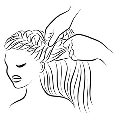 Silhouette profile of the head of a lovely lady. The girl braids her long hair in braids with her hands. Vector illustration.