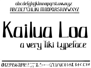 Hand drawn font has a Hawaiian, Polynesian, Island life, Tiki style. Vintage and retro typeface with all symbols and numbers. - obrazy, fototapety, plakaty