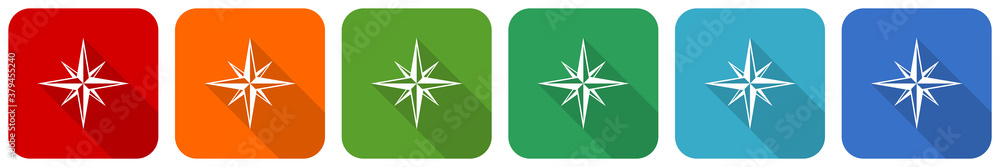 Poster Compass icon set, flat design vector illustration in 6 colors options for webdesign and mobile applications