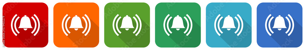 Poster Alarm icon set, flat design vector illustration in 6 colors options for webdesign and mobile applications