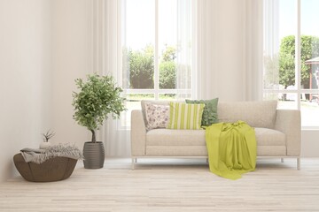 White room with sofa and green landscape in window. Scandinavian interior design. 3D illustration