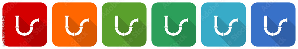 Poster pipeline, tube, pipe and industrial icon set, flat design vector illustration in 6 colors options fo