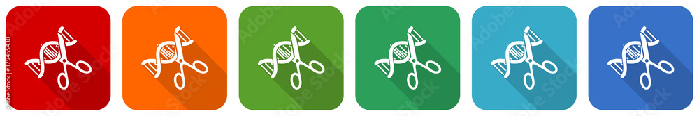 Poster dna, genetic modification icon set, flat design vector illustration in 6 colors options for webdesig