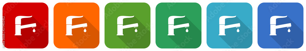 Poster Water faucet, modern tap icon set, flat design vector illustration in 6 colors options for webdesign and mobile applications