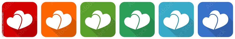 Poster two hearts, valentines day icon set, flat design vector illustration in 6 colors options for webdesi