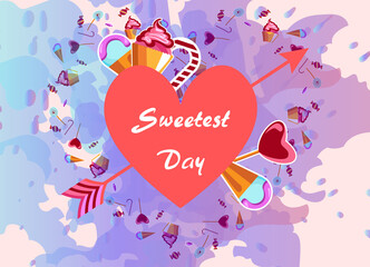 stylized poster design for the sweetest day in the United States . Image of various Goodies surrounded by a heart pierced by an arrow on a blue watercolor background . Perfect for postcards, flyers