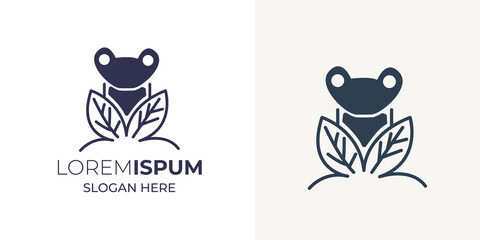 Frog and Leaf Logo design in white background.A frog sitting down logo design 