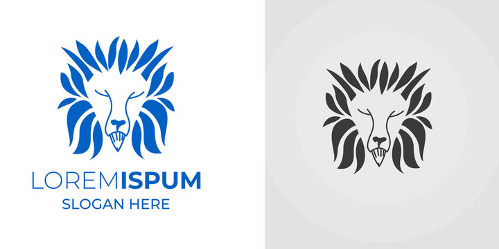 Lion head with leaf logo design vector illustration.Lionhead logo design template 