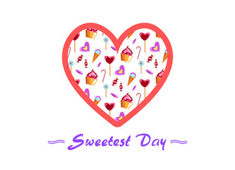 stylized poster design for the sweetest day in the United States . Image of various Goodies from candy to ice cream surrounded by a heart. Perfect for postcards, flyers, invitation. EPS10