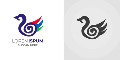 modern abstract egret logo design with snail combo .egret colorful wings vector illustration .