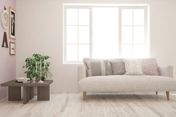 Idea of white minimalist room with sofa. Scandinavian interior design. 3D illustration