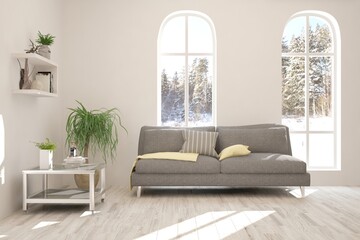 White room with sofa and winter landscape in window. Scandinavian interior design. 3D illustration