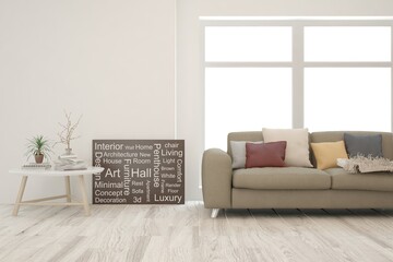 Idea of white minimalist room with sofa. Scandinavian interior design. 3D illustration