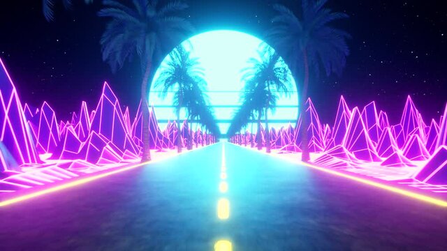 80s retro futuristic sci-fi seamless loop. Retrowave VJ videogame landscape, neon lights and low poly terrain grid. Stylized vintage vaporwave 3D animation background with mountains, sun and stars. 4K