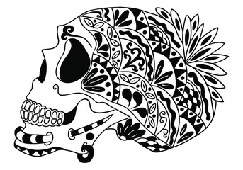 Mexican holiday Day of the Dead Celebration Festival and Halloween. Sugar skull  for poster, card, print, emblem, sign, tattoo, t-shirt. background. .  Black and white vector illustration 

