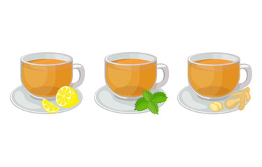 Set of glass cups with saucers with herbal tea inside and lemon slice, mint, ginger vector illustration isolated on white background. Hot herbal tea vector