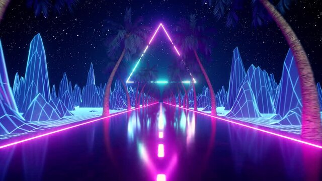 80's Abstract retro futuristic background. Beautiful animation with ultraviolet neon triangle modern lights. Retro wave stylization. Flying in space with particles and palm trees