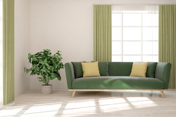 Idea of white minimalist room with sofa. Scandinavian interior design. 3D illustration