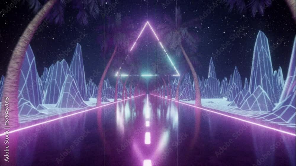 Poster 80's abstract retro futuristic background. beautiful animation with ultraviolet neon triangle modern