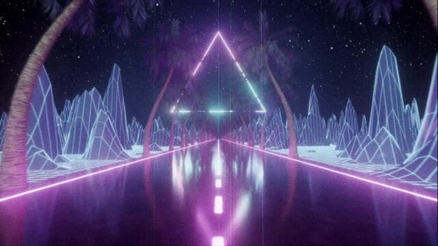 80's Abstract retro futuristic background. Beautiful animation with ultraviolet neon triangle modern lights. Retro wave stylization. Flying in space with particles and palm trees