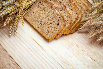 Home baked bread. Rye bakery with crusty loaves and crumbs. Fresh rustic traditional bread with...