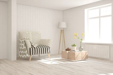 Inspiration of white minimalist room with armchair. Scandinavian interior design. 3D illustration