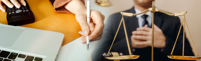 Business and lawyers discussing contract papers with brass scale on desk in office. Law, legal services, advice, justice and law concept picture with film grain effect