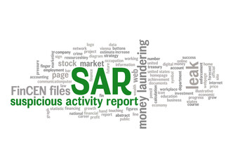 SAR suspicious activity report word cloud concept isolated on white background